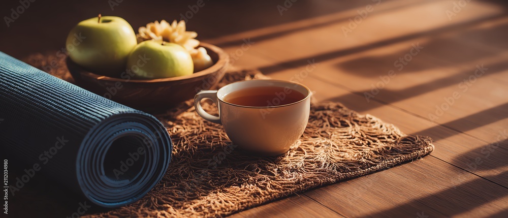Tea and fruit beside a rolled yoga mat