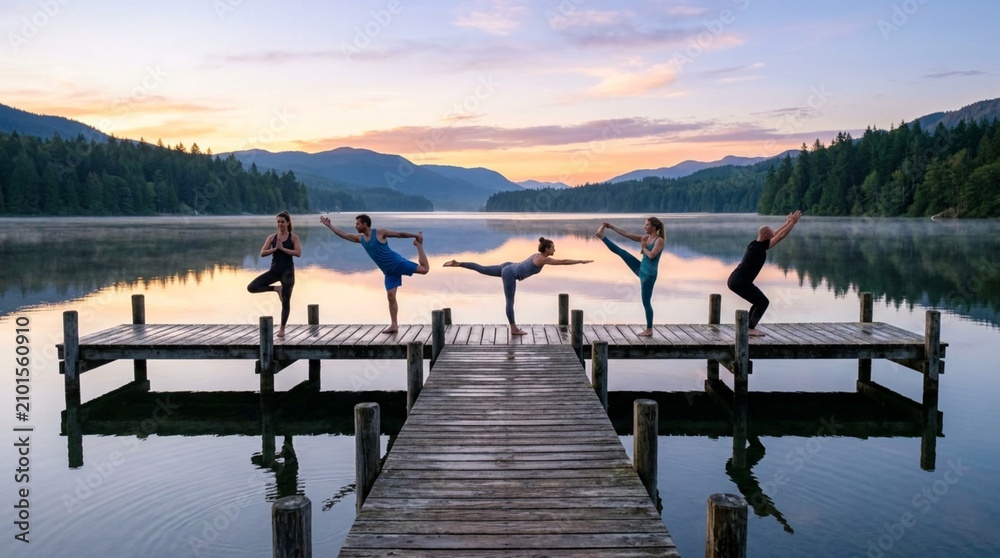 Sunrise yoga on a lake jetty