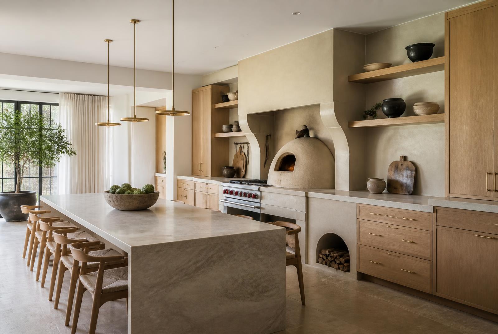 Chef's kitchen with tandoori oven and a twelve-seat island